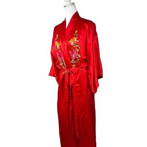 Vintage Red Silk Kimono Robe Embroidered Floral Long Sleeve Belted Golden Bee